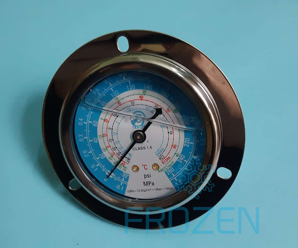 Đồng hồ áp suất gồm đồng hồ áp suất cao và đồng hồ áp suất thấp, đơn vị đo phổ biến là bar, kg/cm2, PSI, Mpa, phù hợp các loại gas R22-R404A – R407C; Đồng hồ áp suất thấp